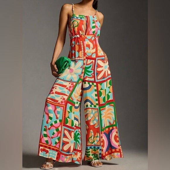 Anthropologie Farm Rio Halter Jumpsuit Wide Leg Patchwork Sleeveless